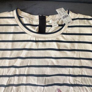 J.Crew top adorned with cream and black strips with leather sleeves Size Large